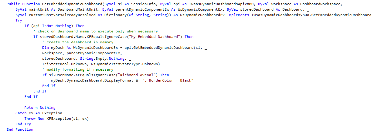 The code sample allows users to load a dashboard that uses a certain border color by default and change it according to a user-specific property